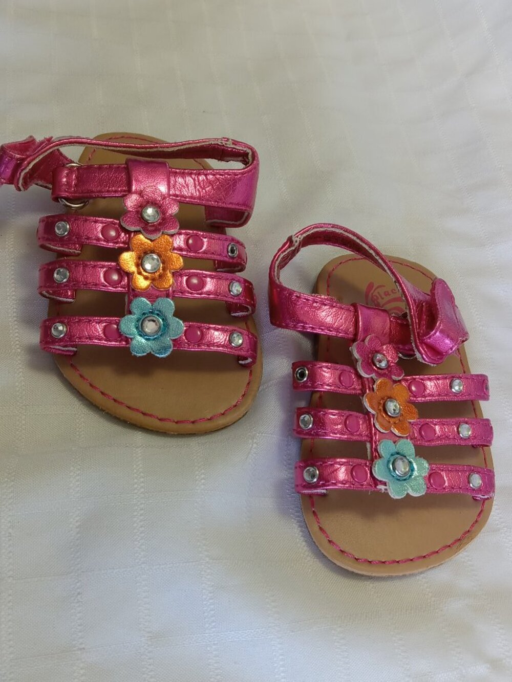 Pink glittery sandals with colored shiny flowers 5 inches